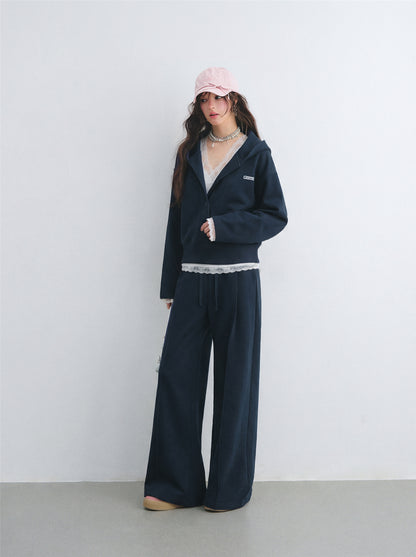 AsGony ASG26038&amp;ASG26039 V-neck cross lace patchwork vest hoodie + pants