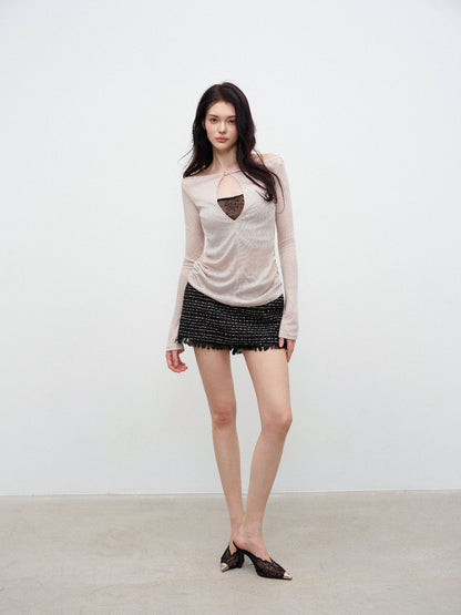 NONCESTNON N381 Nude &amp; Black Lace Long-Sleeve Top