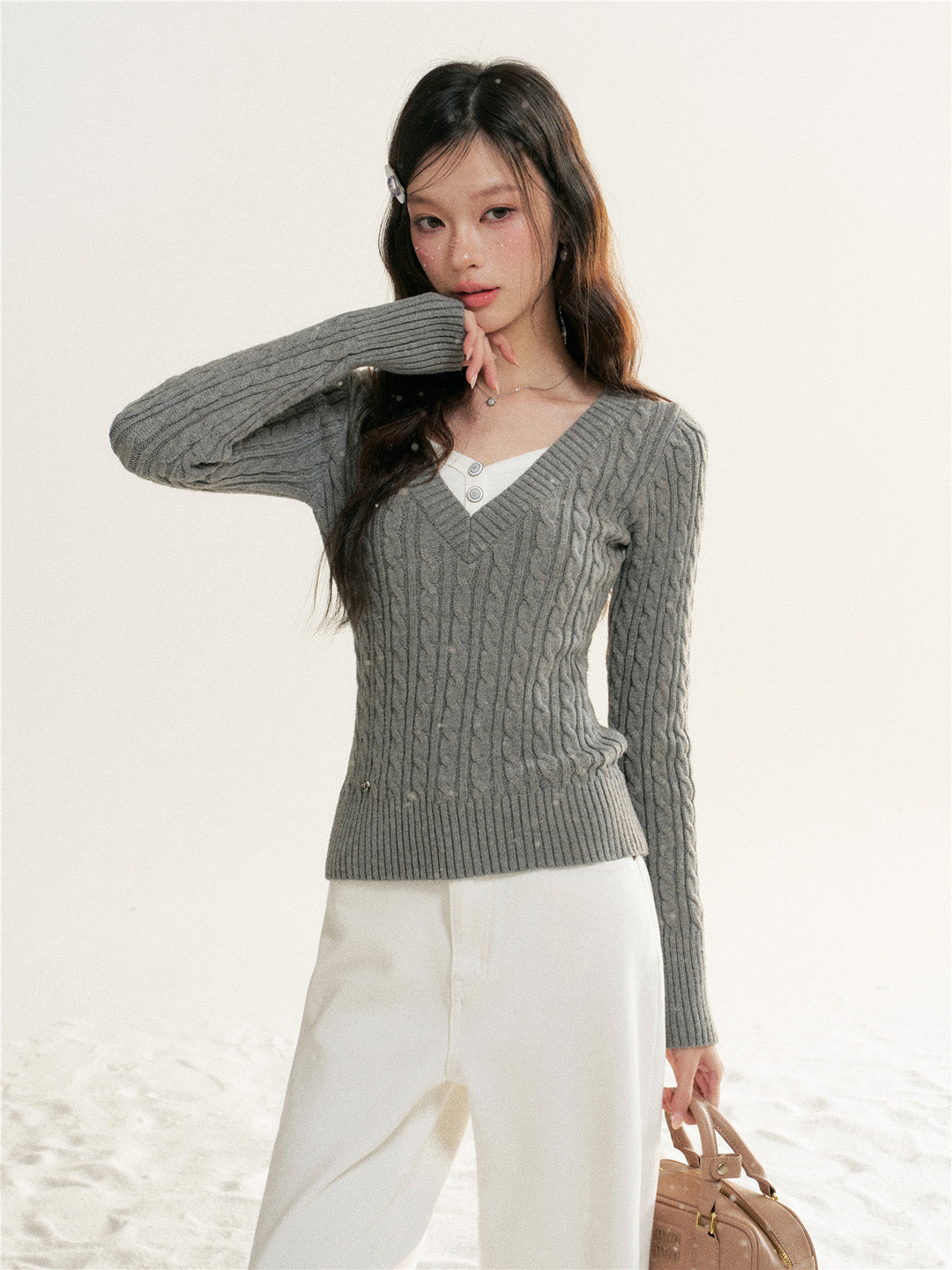 16DEWS 16D25514 Contrast V-neck fake two pieces knitting knitwear