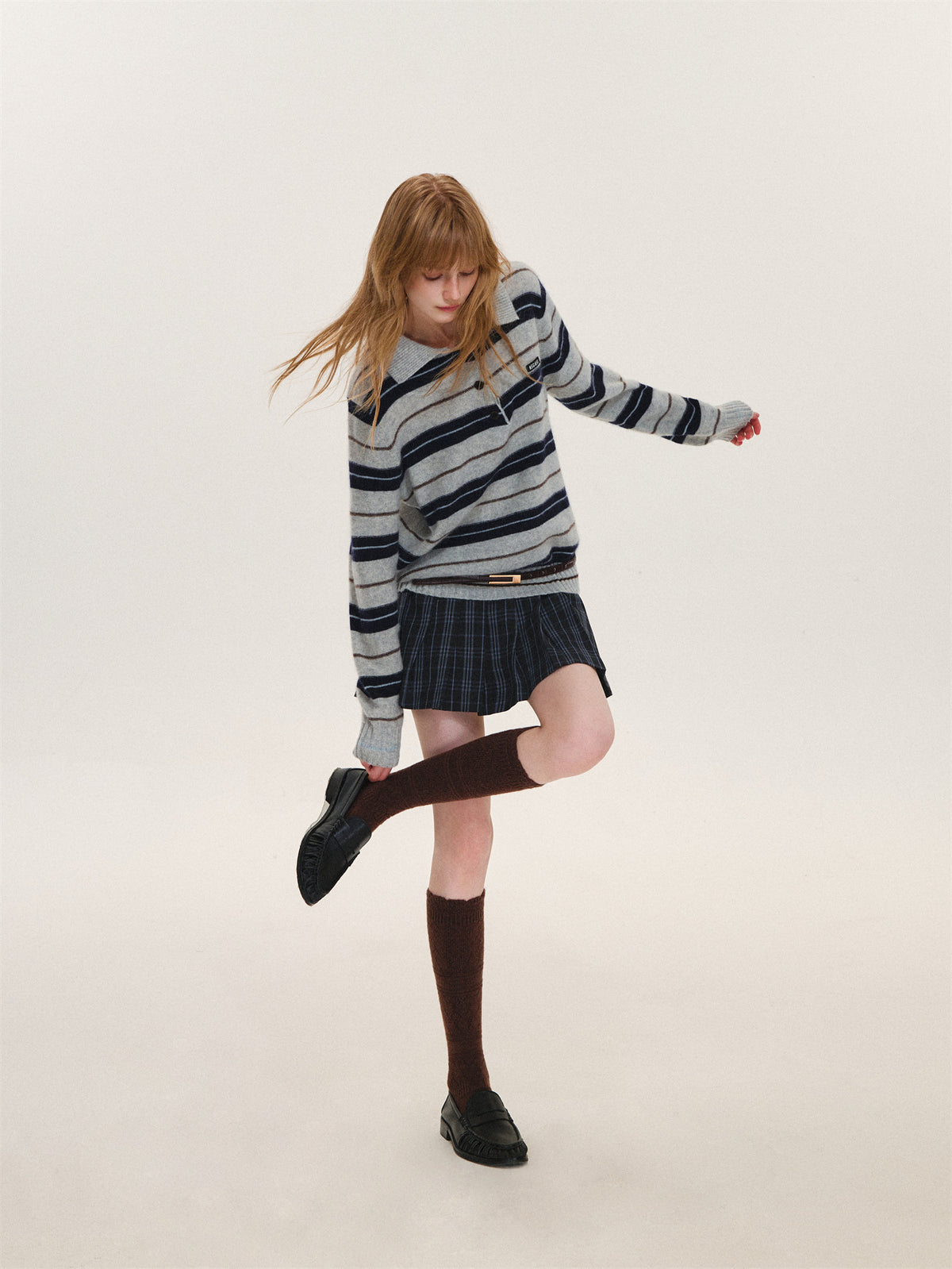 Asgony ASG26597 Striped Collared Knit Polo Shirt