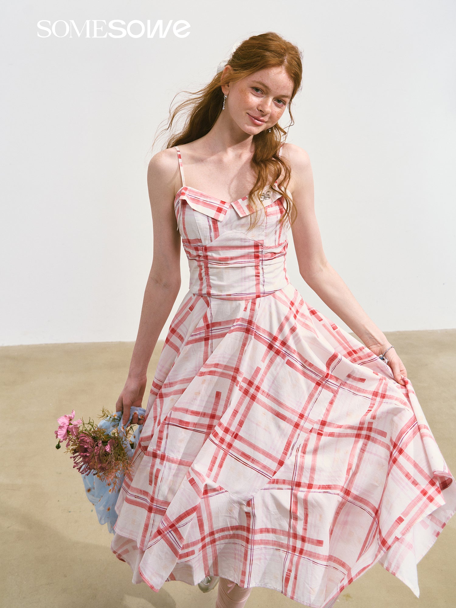 SOMESOWE S2508103 Plaid camisole midi dress