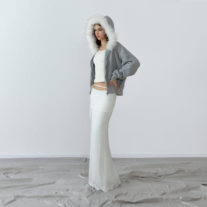 NONCESTNON N227 White fur collar gray hoodie