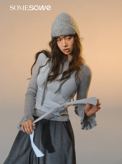 SOMESOWE S2508249 Fake two contrasting round neck tied sweaters (gray blue)