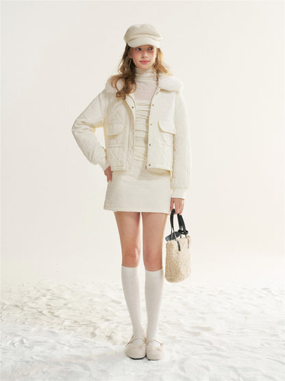 16DEWS 16D25535 Plaid waist cinching fur collar cotton jacket + skirt set