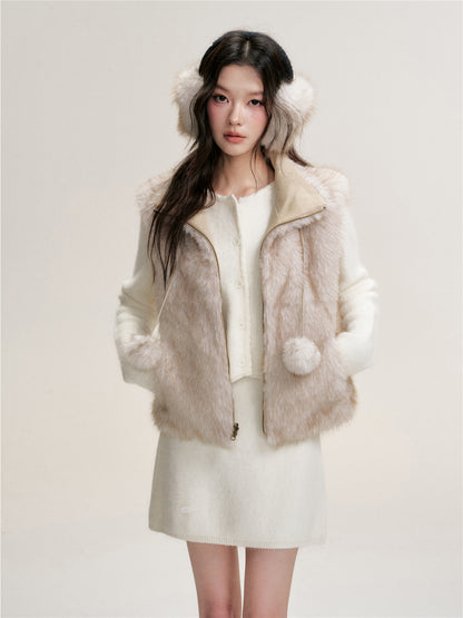 16DEWS 16D25459 Double sided gradient faux fur vest (with detachable fur ball)