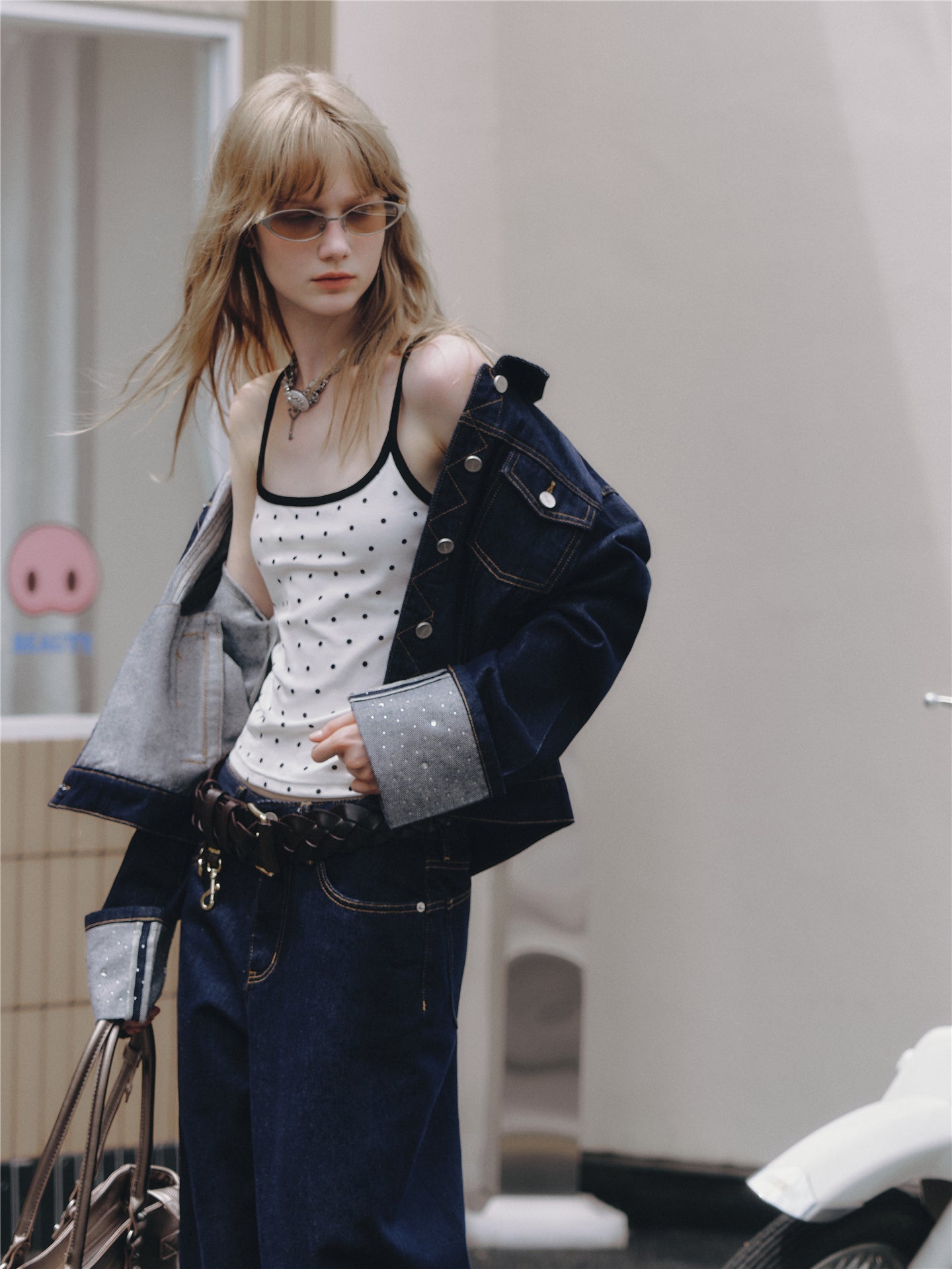 Asgony ASG26506 Raw Denim Jacket+ASG26507 Denim Straight Pants