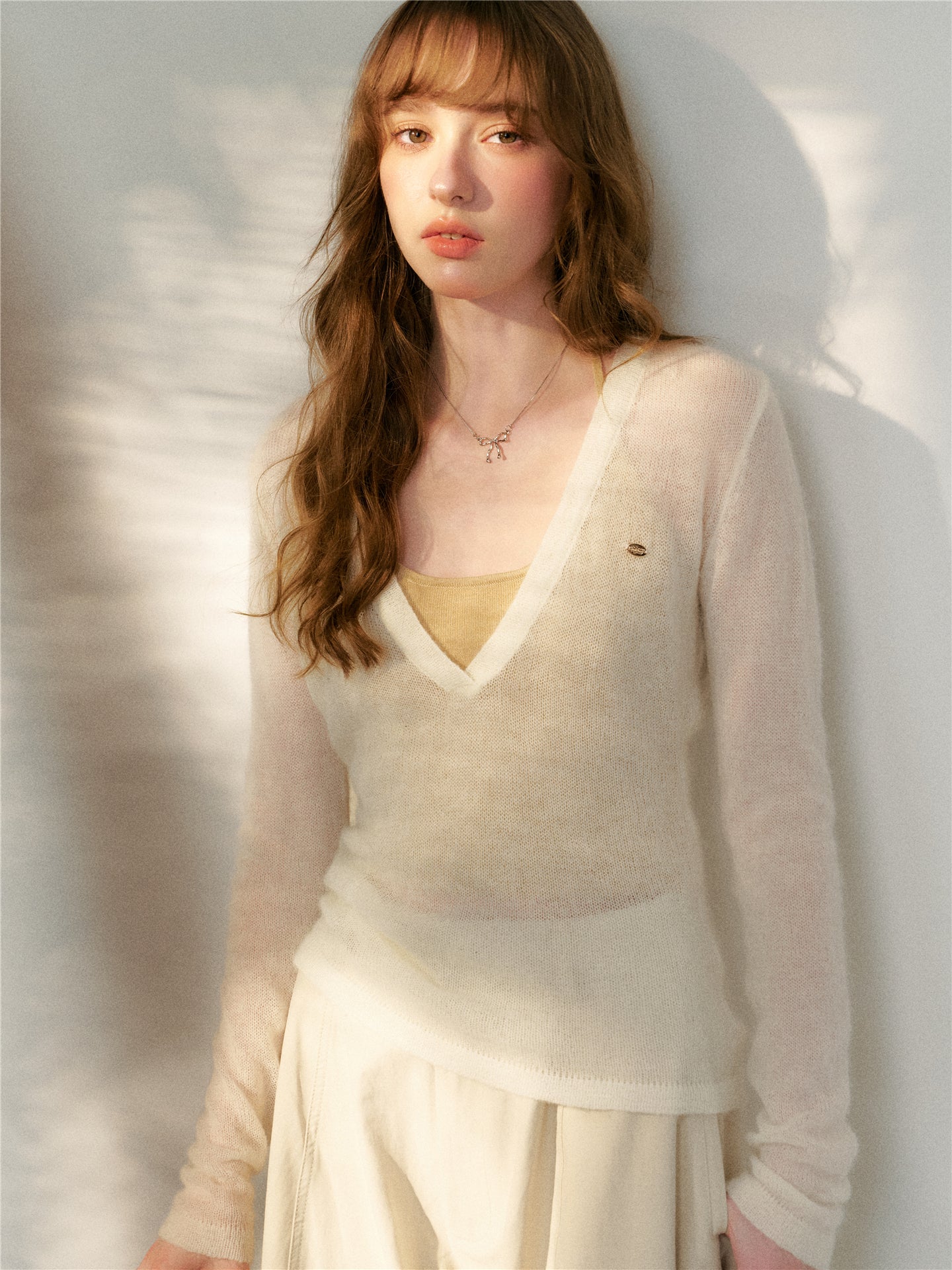 16DEWS 16D26097&amp;16D26098 V-neck wool mohair knitted sweater two-piece set + pants