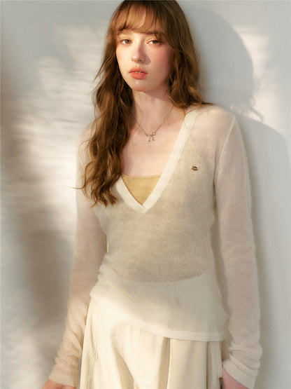 16DEWS 16D26097&amp;16D26098 V-neck wool mohair knitted sweater two-piece set + pants