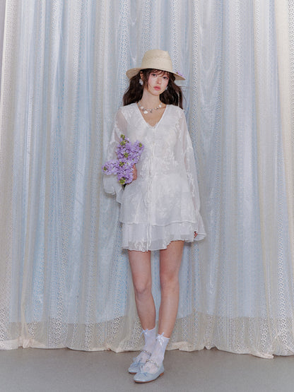 AsGony ASG26015&amp;ASG26016 Chiffon pleated embroidered ruffle edge shirt + skirt