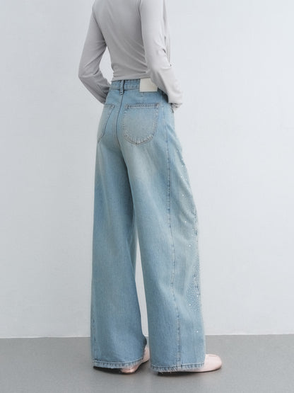 AsGony ASG26040 Lyocell washed rhinestone decorative curved knife jeans