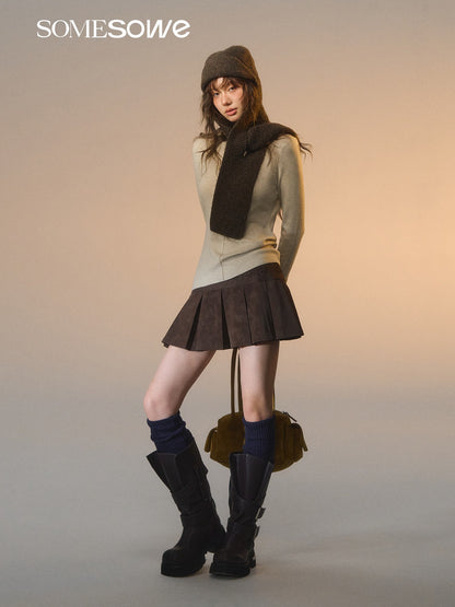 SOMESOWE S2508261 Lace patchwork velvet pleated leather short skirt