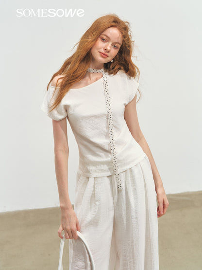 SOMESOWE S2508171&amp;S2508172 One-shoulder polka dot tie top + pants set