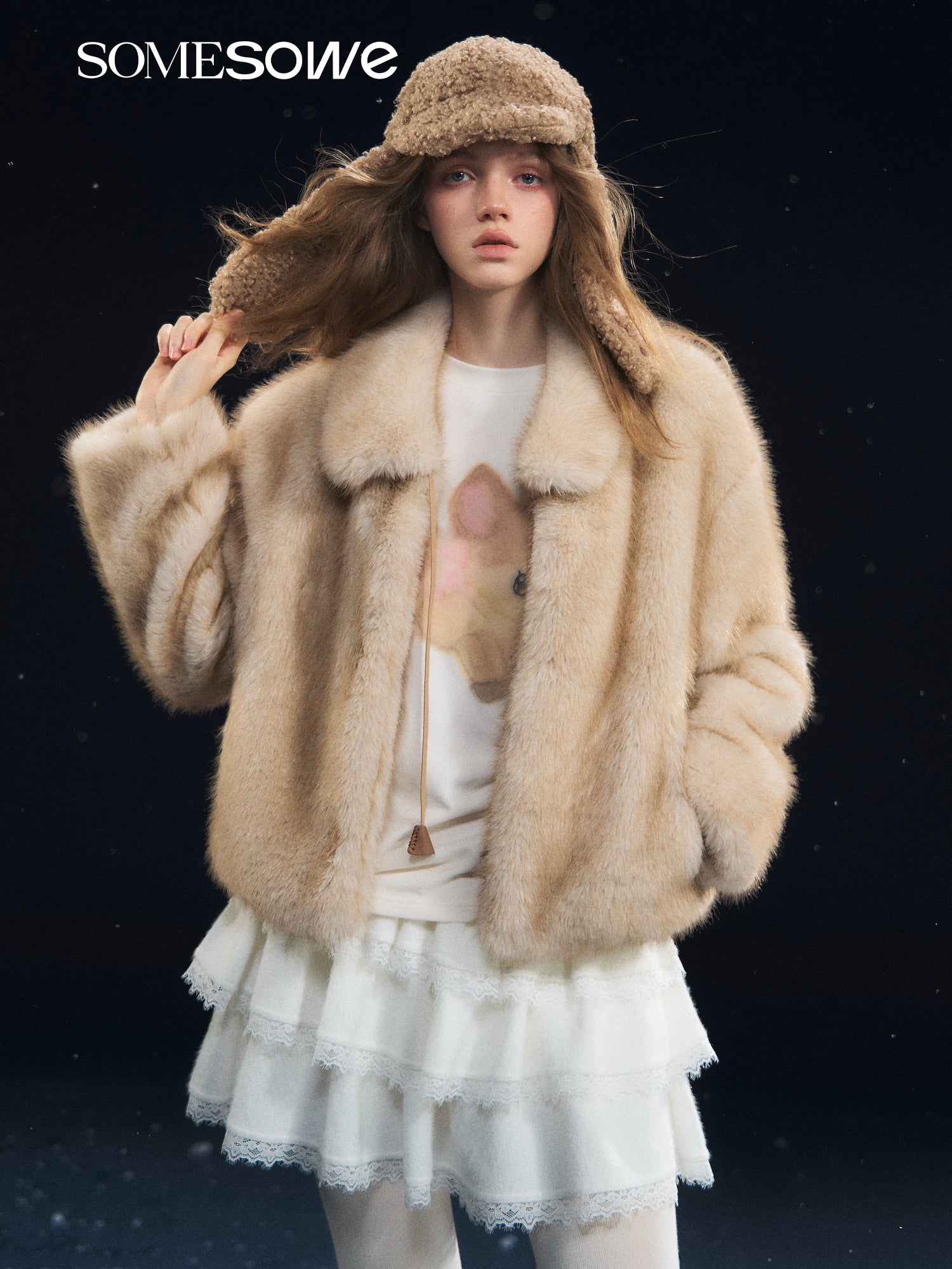 SOMESOWE S2508312 Tie up collar fur coat