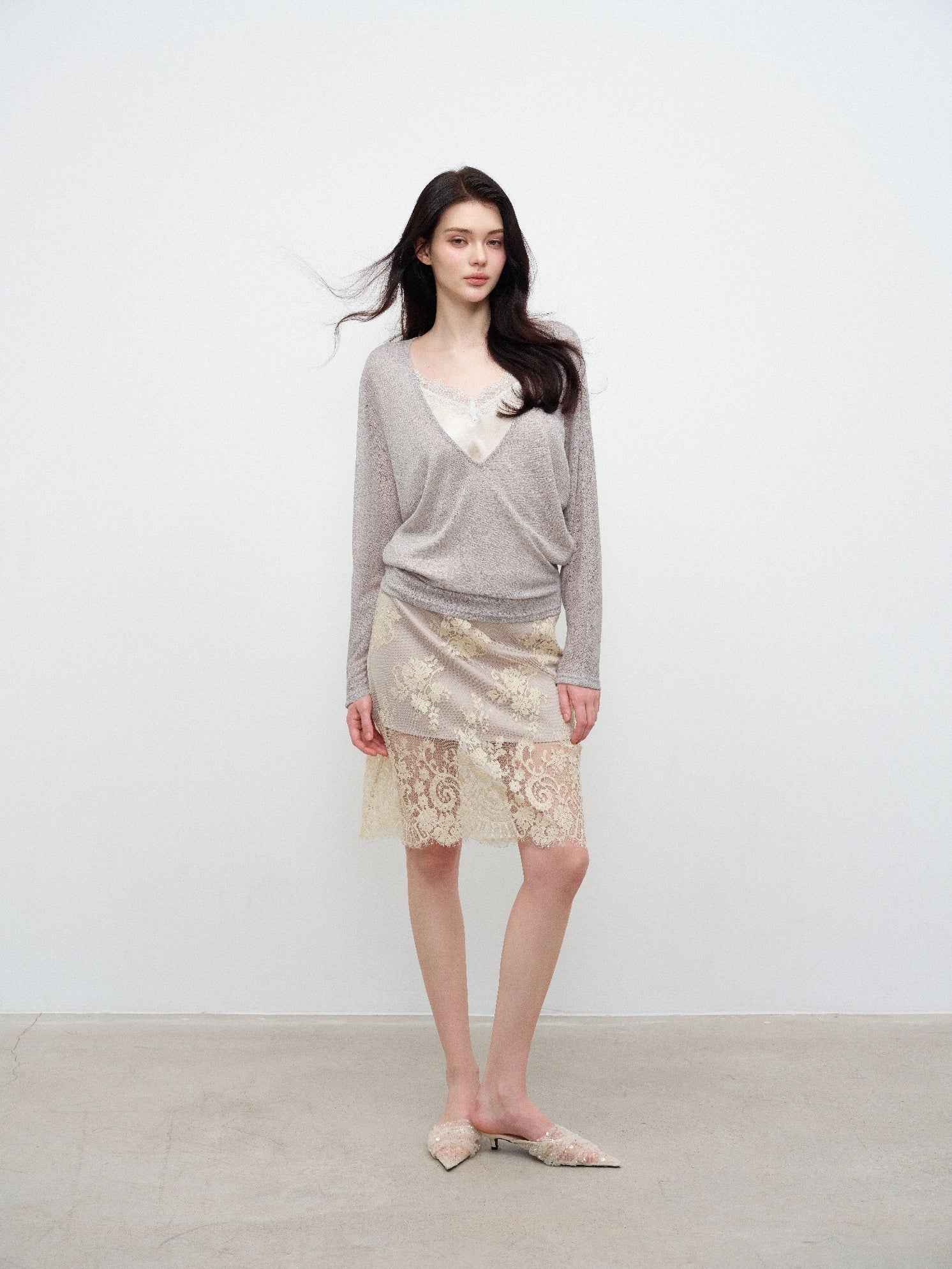 NONCESTNON N380 Champagne Lace Midi Skirt