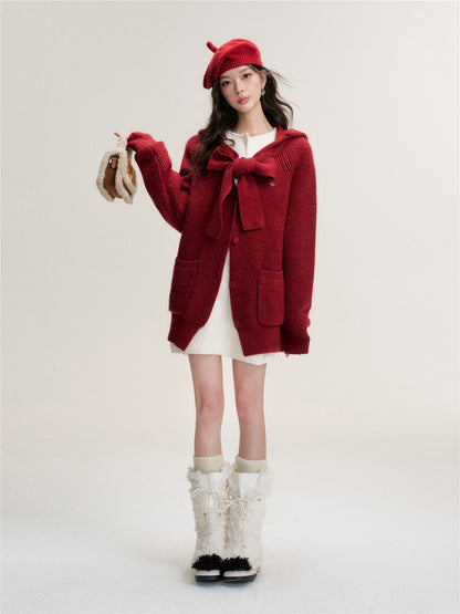 16DEWS 16D25473 Bow tie V-neck loose knit cardigan (with knit cap)