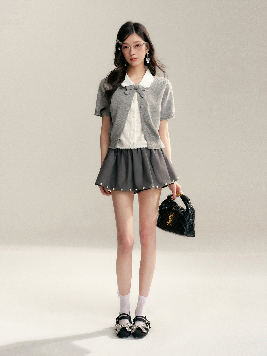 16DEWS 16D26065 Color blocking doll collar fake two-piece knitted short sleeved shirt