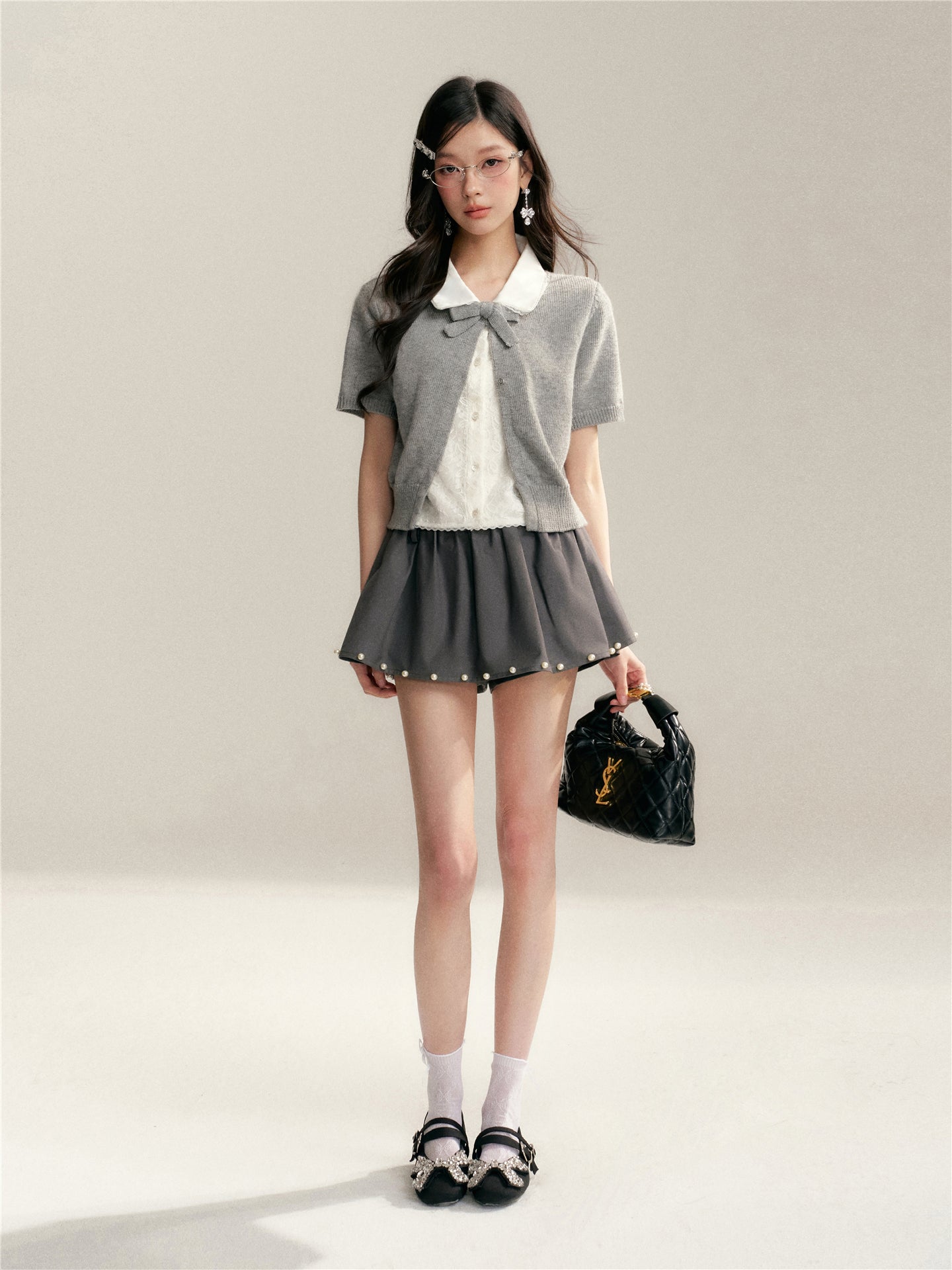 16DEWS 16D26065 Color blocking doll collar fake two-piece knitted short sleeved shirt