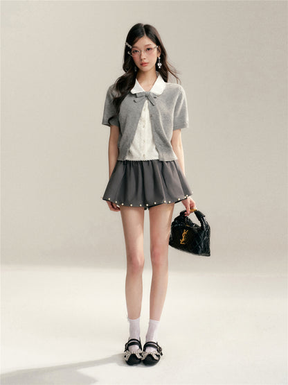 16DEWS 16D26065 Color blocking doll collar fake two-piece knitted short sleeved shirt