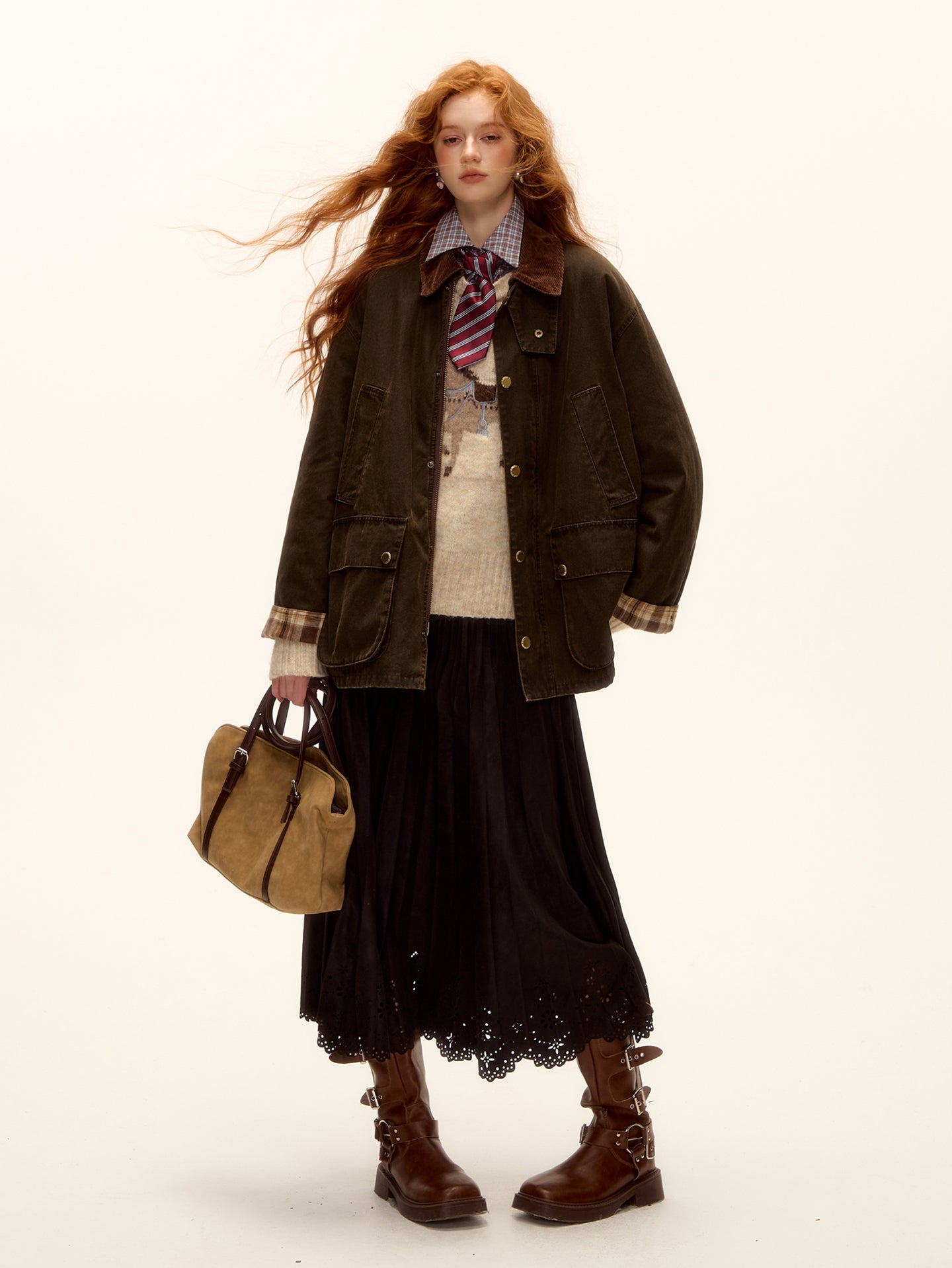 AsGony ASG25477 Hollow lace hem pleated suede long skirt