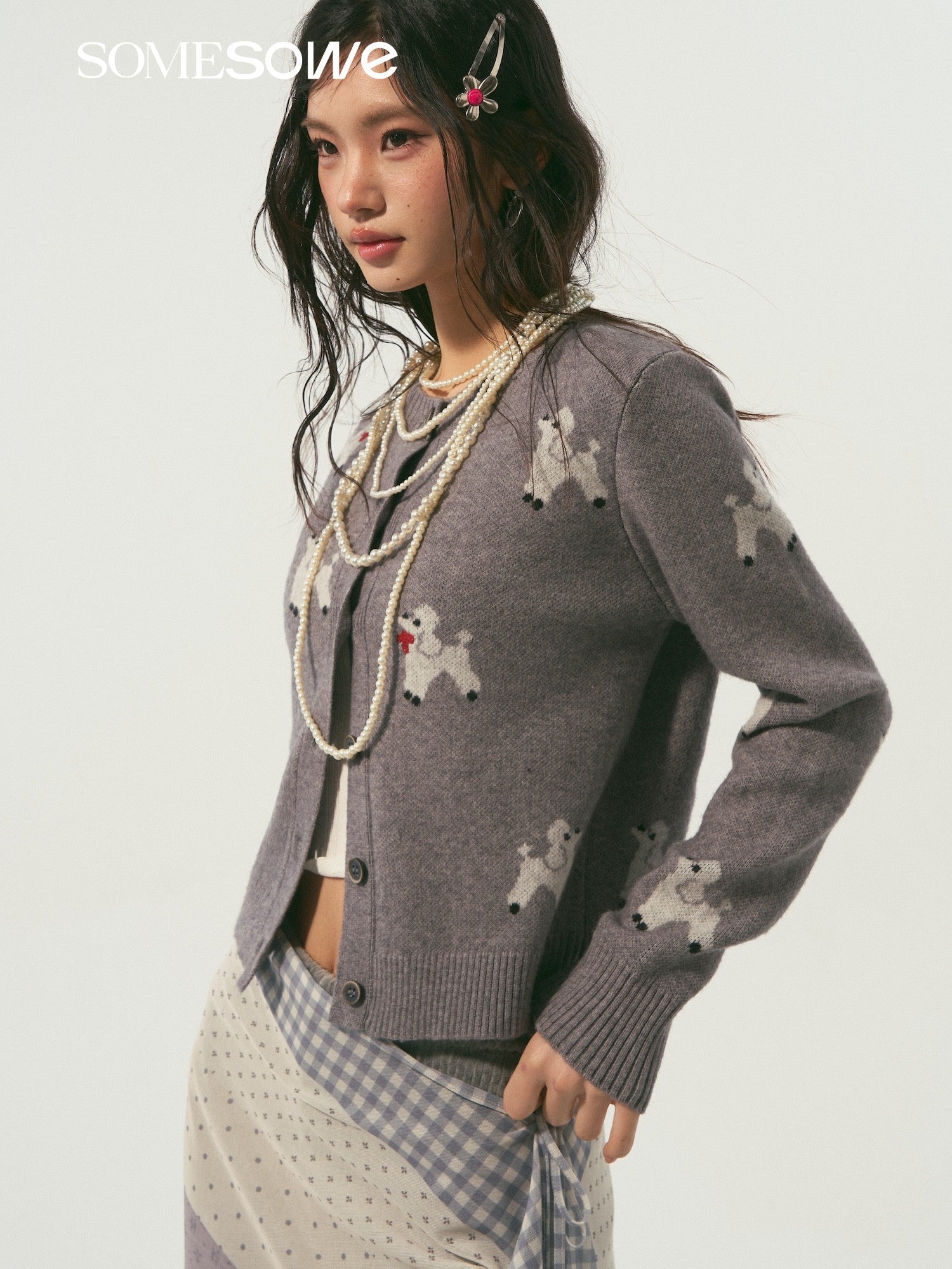 SOMESOWE S2509005 Scarf puppy jacquard knitted cardigan