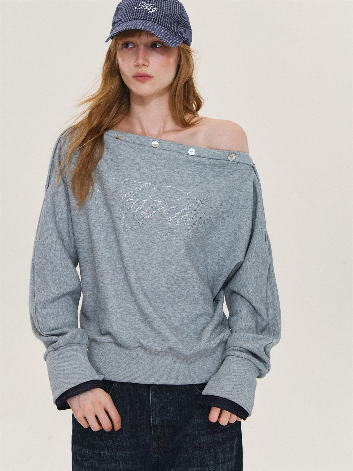 Asgony ASG26567 Printed One-Shoulder Sweater