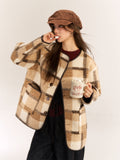 Asgony ASG30987 retro plaid round neck woolen jacket