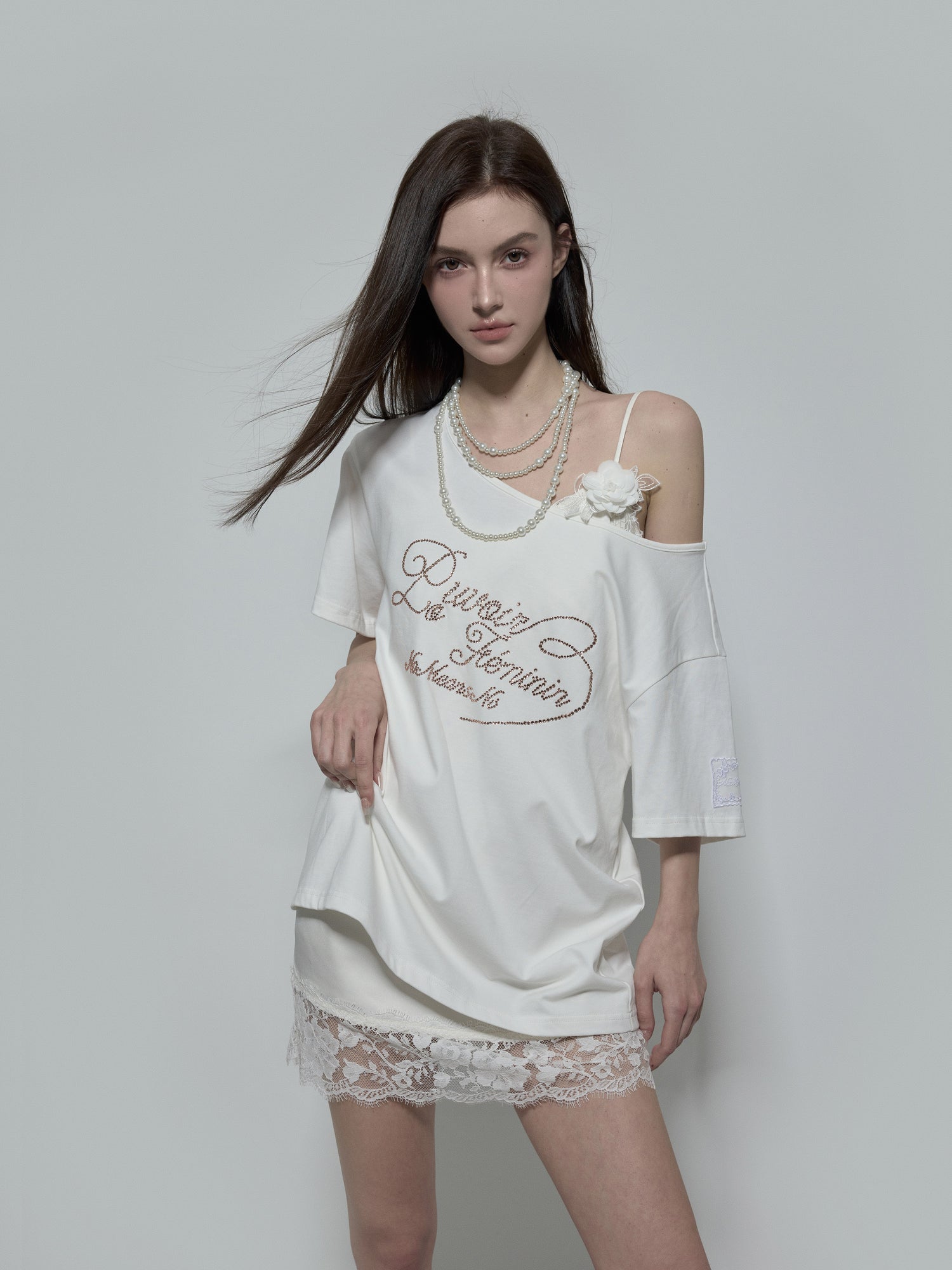 NOMEANSNO Off-Shoulder Rhinestone Embellished T-Shirt