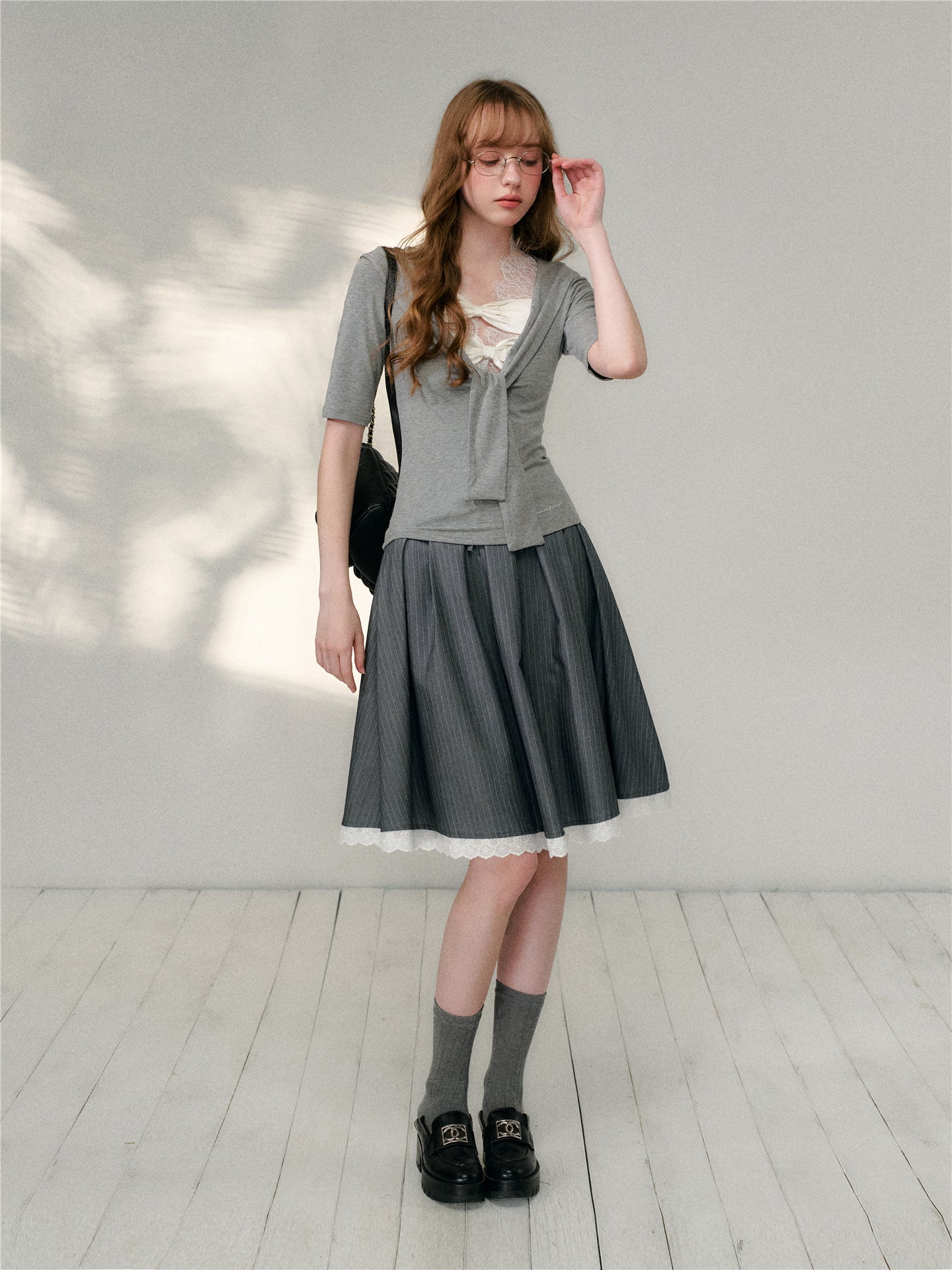 16DEWS 16D26131 Lace patchwork striped A-line large swing skirt