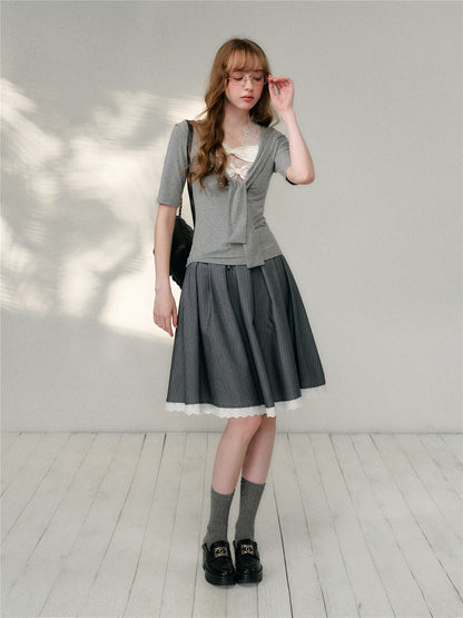 16DEWS 16D26131 Lace patchwork striped A-line large swing skirt