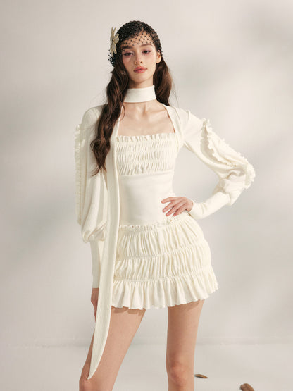 YZZI HE Pleated lace knitted top + skirt set