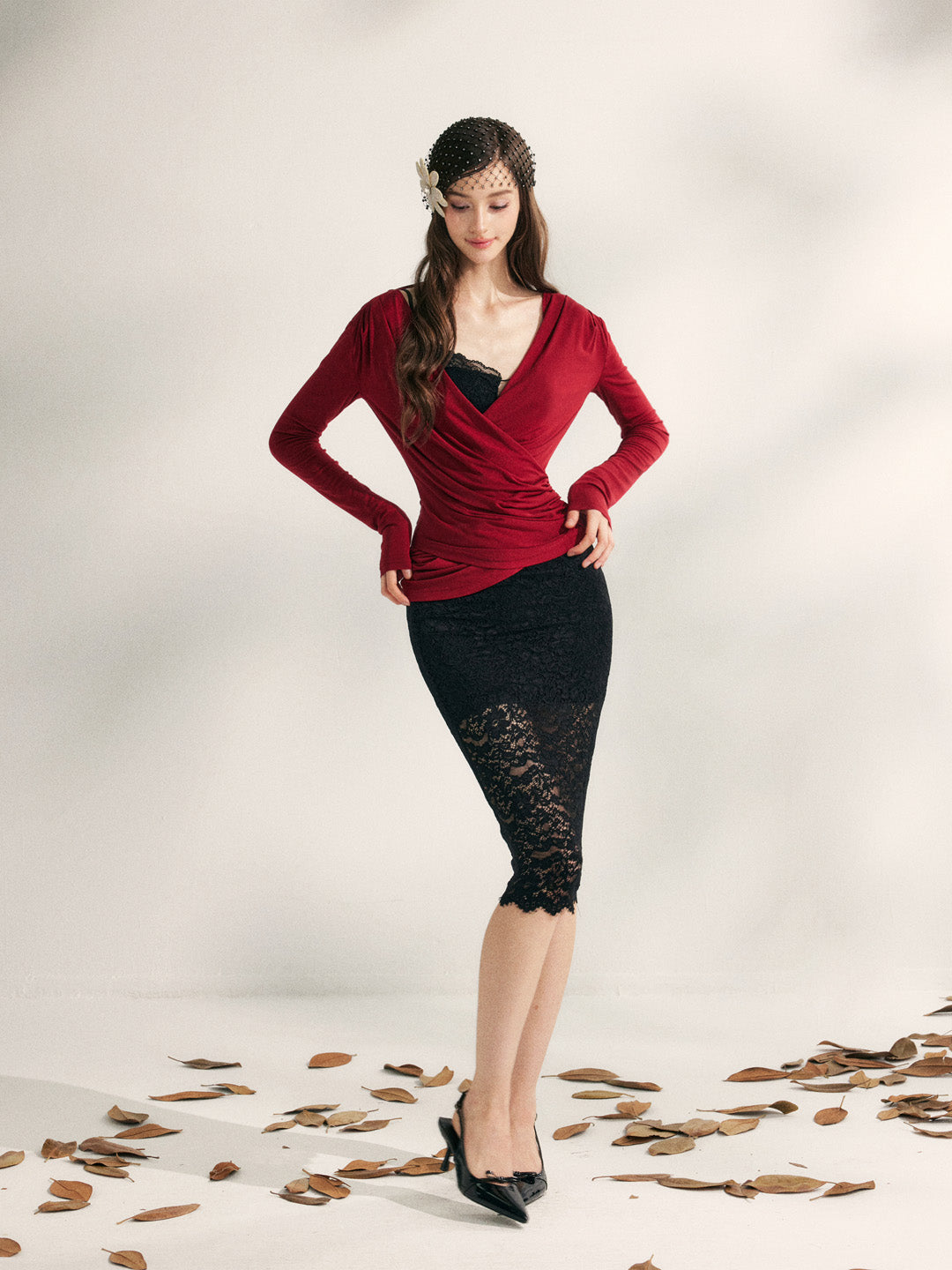 YZZI HE V-neck pleated waist cinching top