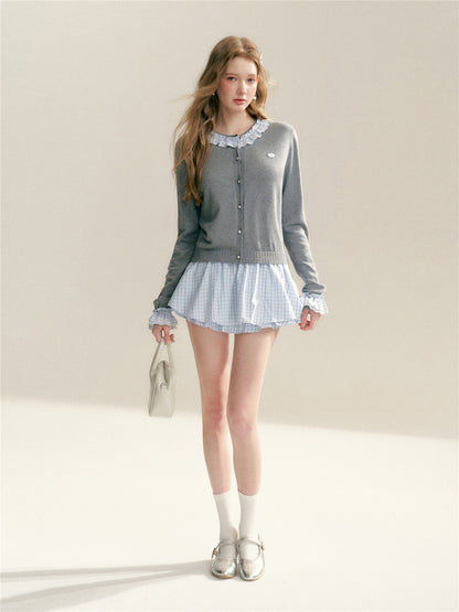 16DEWS 16D26051 Color blocking plaid round neck knitted cardigan