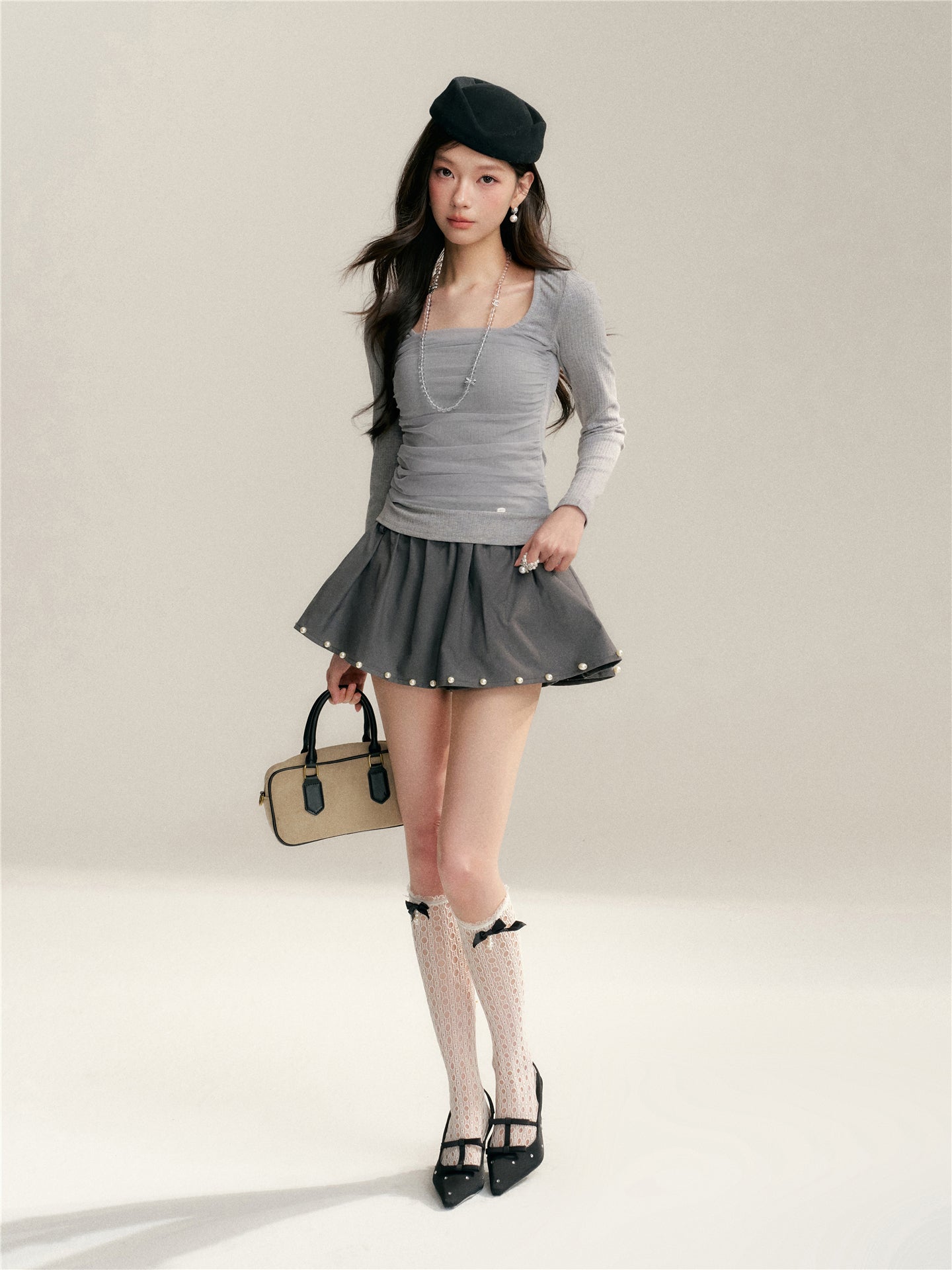 16DEWS 16D26050 Mesh splicing square collar design slim fit top