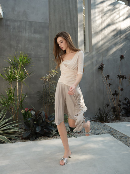 NONCESTNON N315&amp;N279 Pink cross lace mid sleeve + Irregular bead umbrella skirt