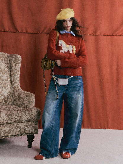 AsGony ASG25513 Ripped water washed curved knife jeans