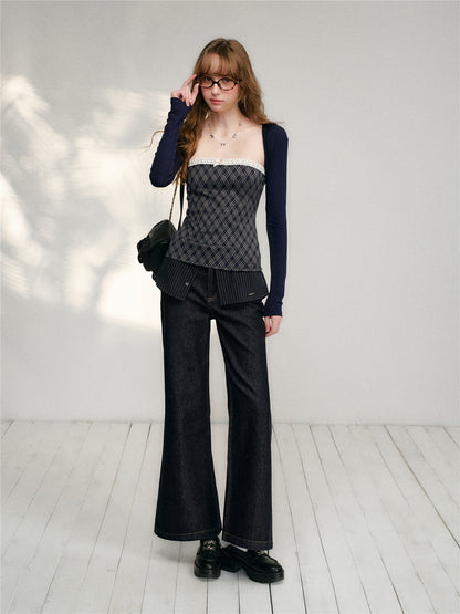 16DEWS 16D26133&amp;16D26134 Lace plaid patchwork camisole top + pants