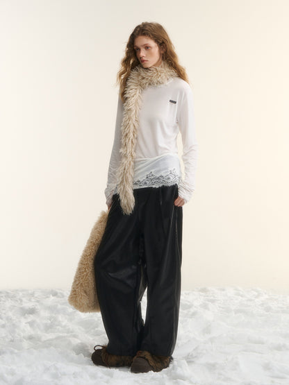 AsGony ASG25556 Protein leather elastic cut black leather pants