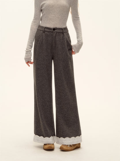 AsGony ASG25473 Embroidered lace straight leg wool casual pants