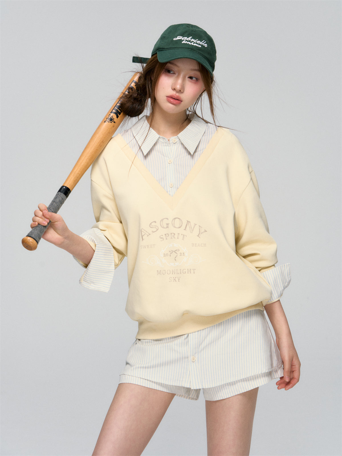 AsGony ASG25020&amp;ASG25021 V-neck patchwork shirt sweatshirt + pants skirt set