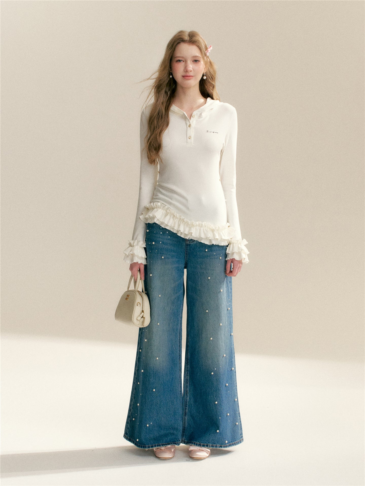 16DEWS 16D26006 Slim fit hooded pleated patchwork top