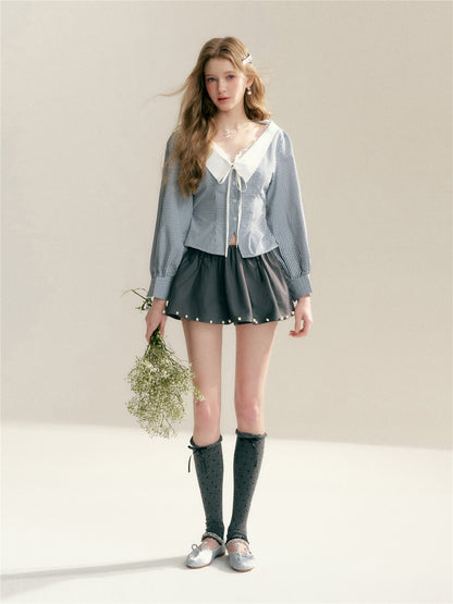 16DEWS 16D26020 Lace edged V-neck plaid patchwork waist cinching shirt