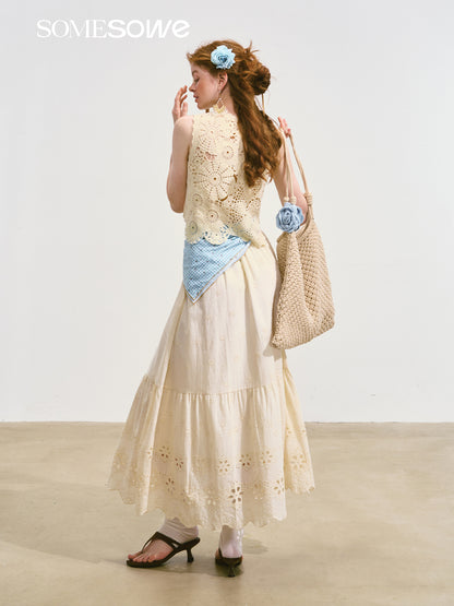 SOMESOWE S2508107&amp;S2508118 Embroidered hollow flower vest + skirt set
