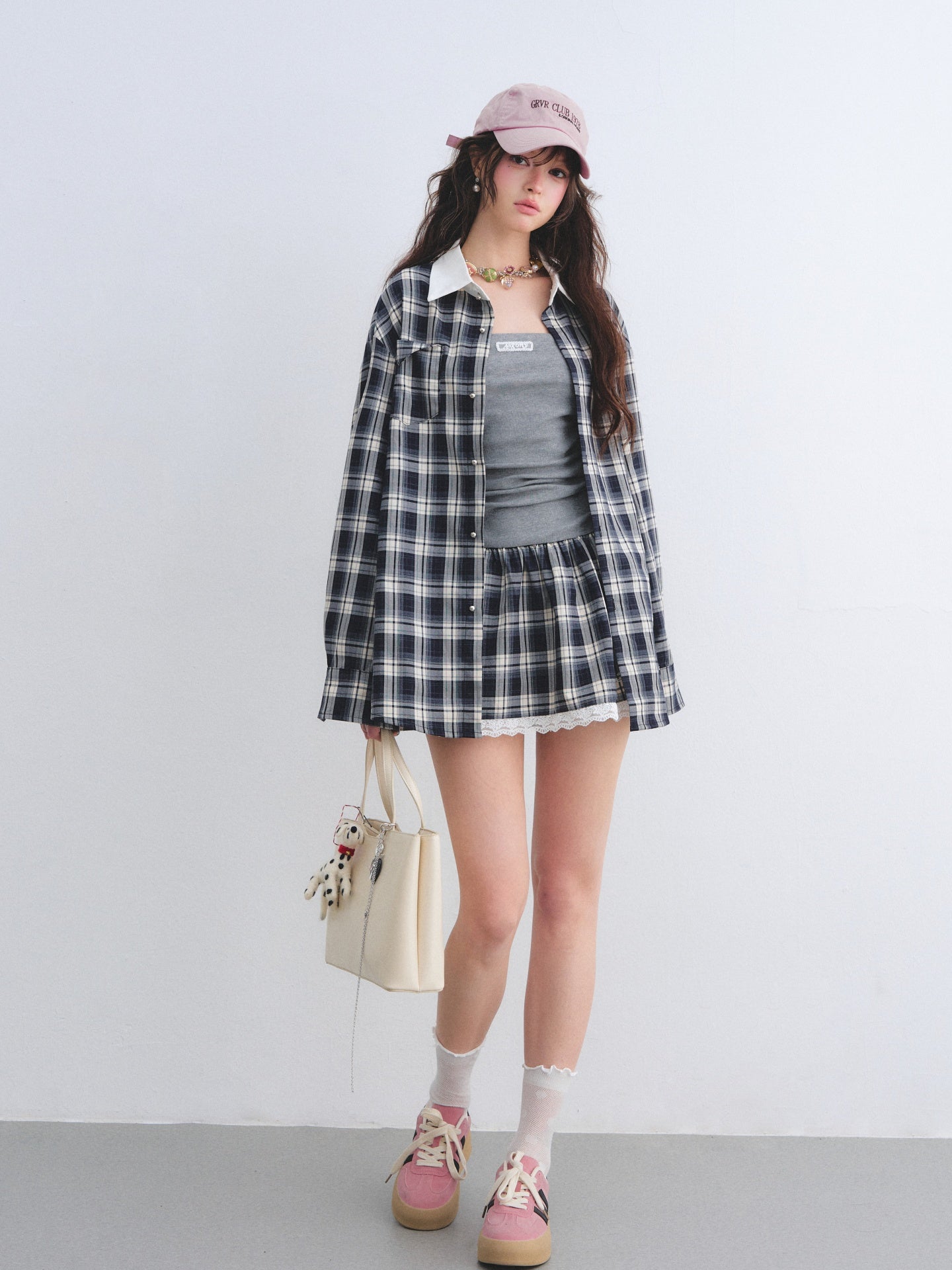 AsGony ASG26010&amp;ASG26011 Strapless pleated plaid patchwork lace dress + shirt
