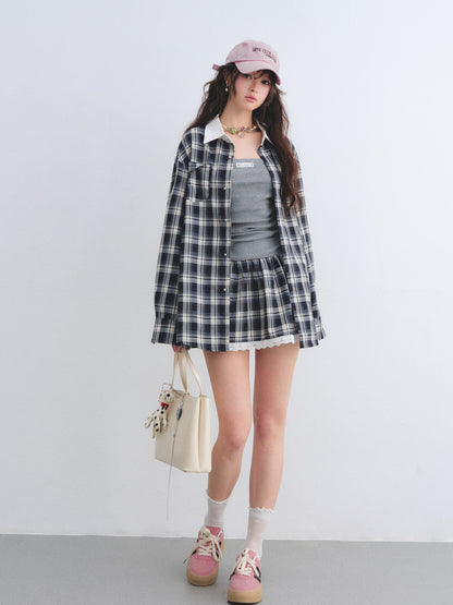 AsGony ASG26010&amp;ASG26011 Strapless pleated plaid patchwork lace dress + shirt