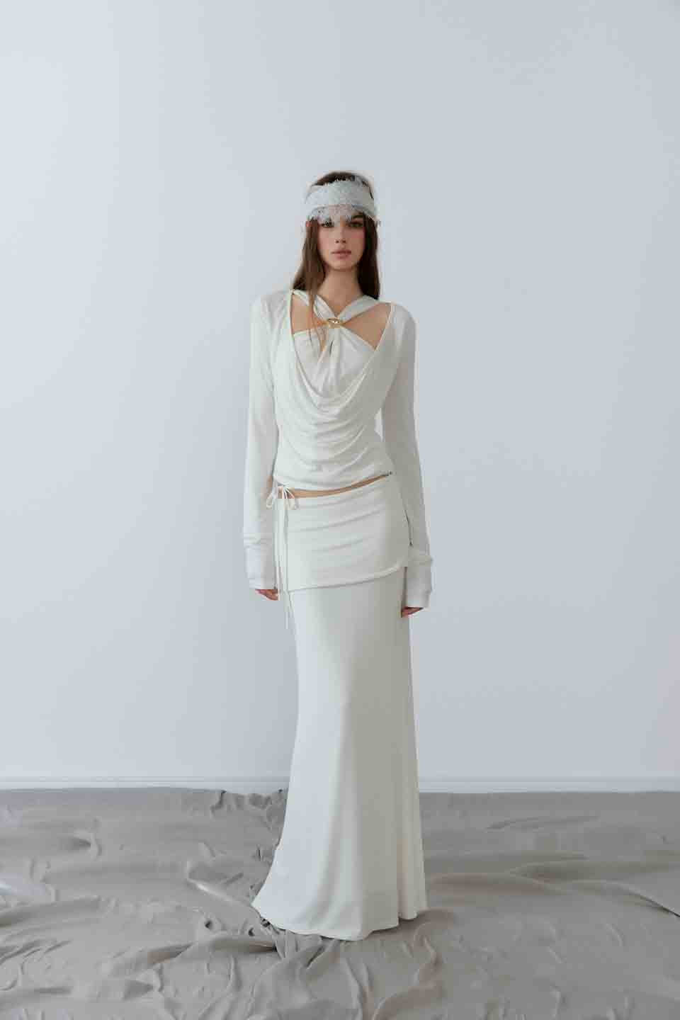 NONCESTNON N233 White fake two-piece knot long sleeved top