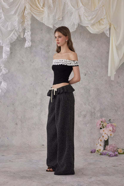NOMEANSNO N157 Ruffled off-shoulder top (2color)