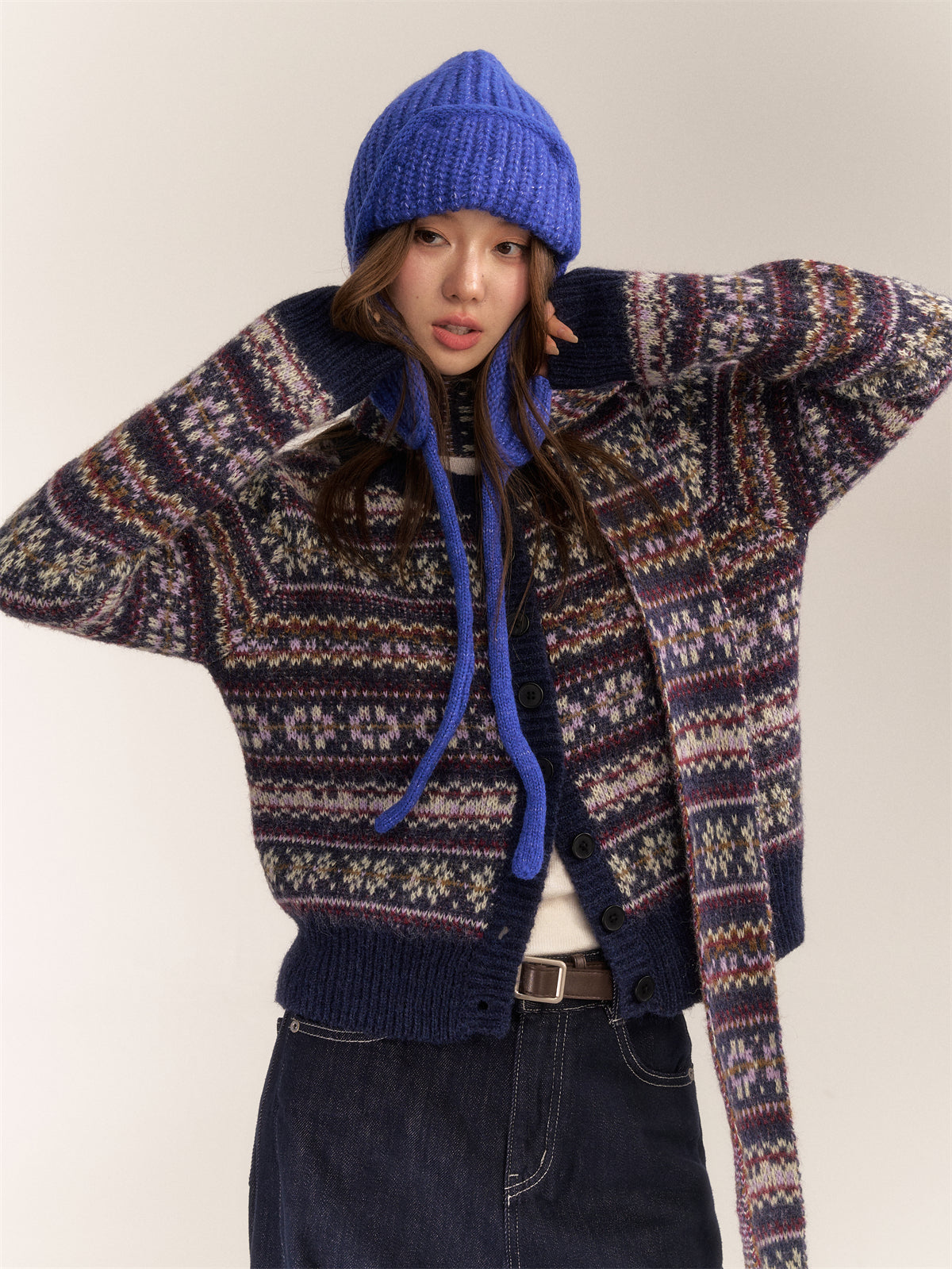 AsGony ASG24617 Fair Isle wool-blend cardigan and scarf set