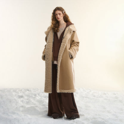 AsGony ASG25560 Two sided wool fur integrated mid length jacket
