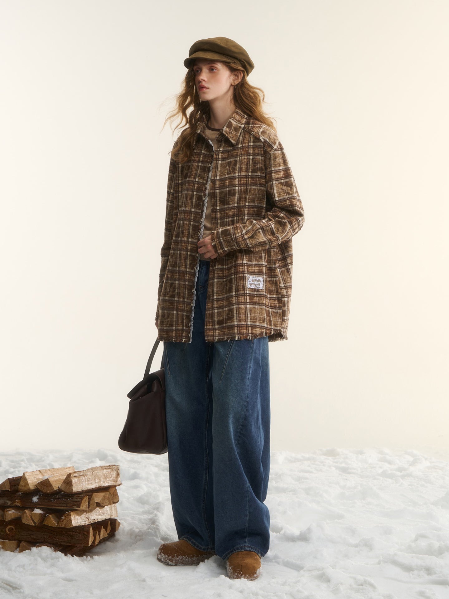 AsGony ASG24750 Lace edge patchwork brushed edge checkered shirt