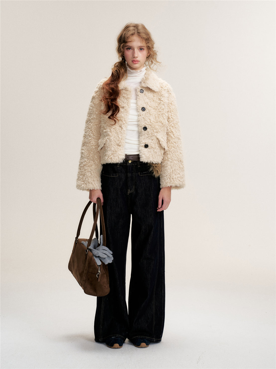 16DEWS 16D25489 Lamb fur one-piece single breasted short jacket